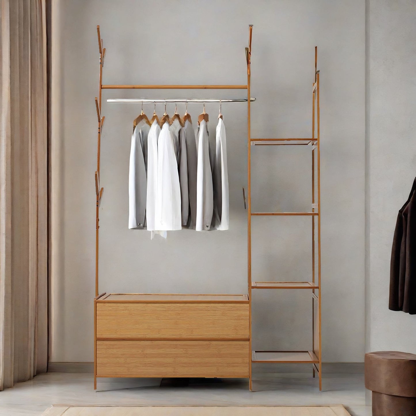 Wooden Coat Stand With Hooks, Shelves & Cabinets