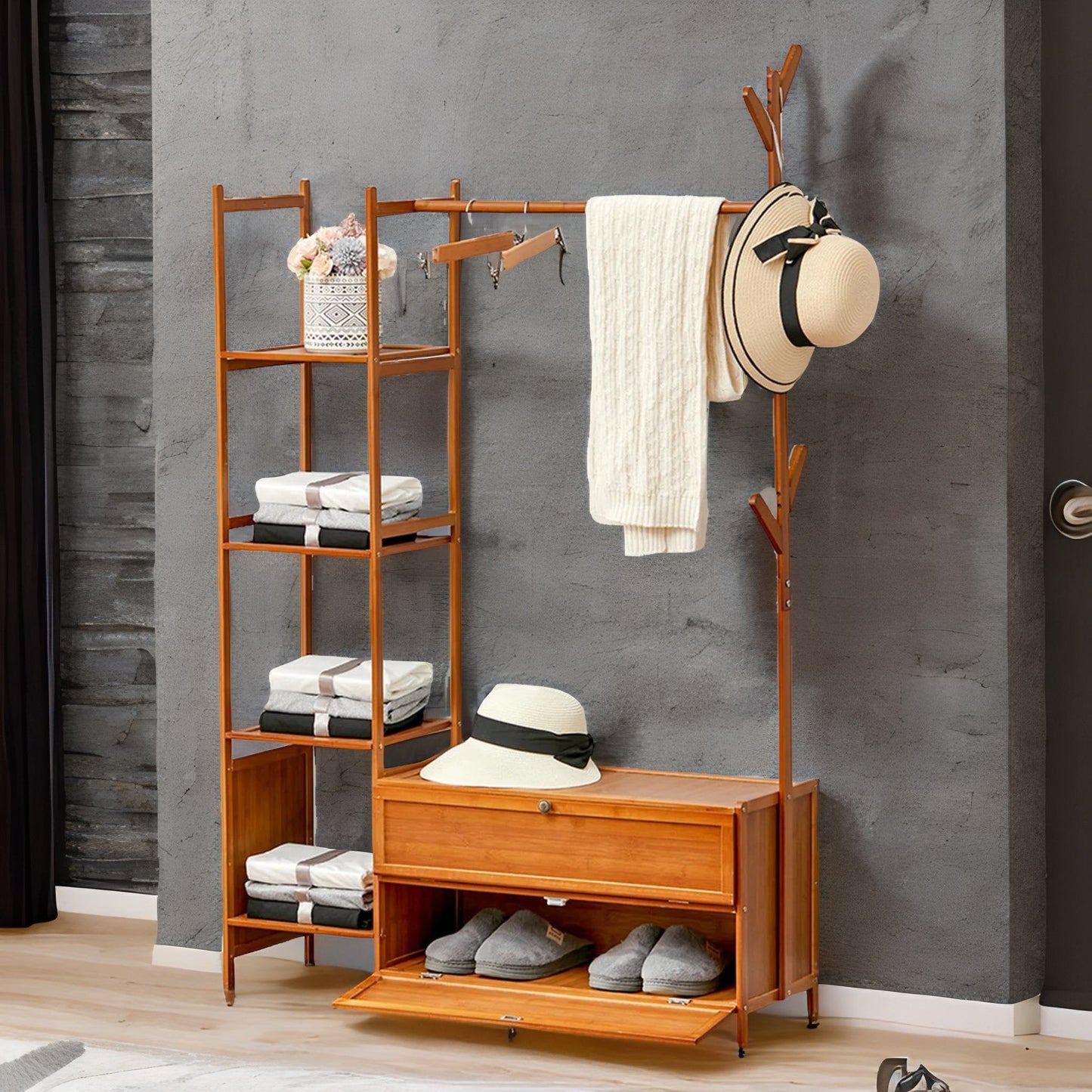 Wooden Coat Stand With Hooks, Shelves & Cabinets