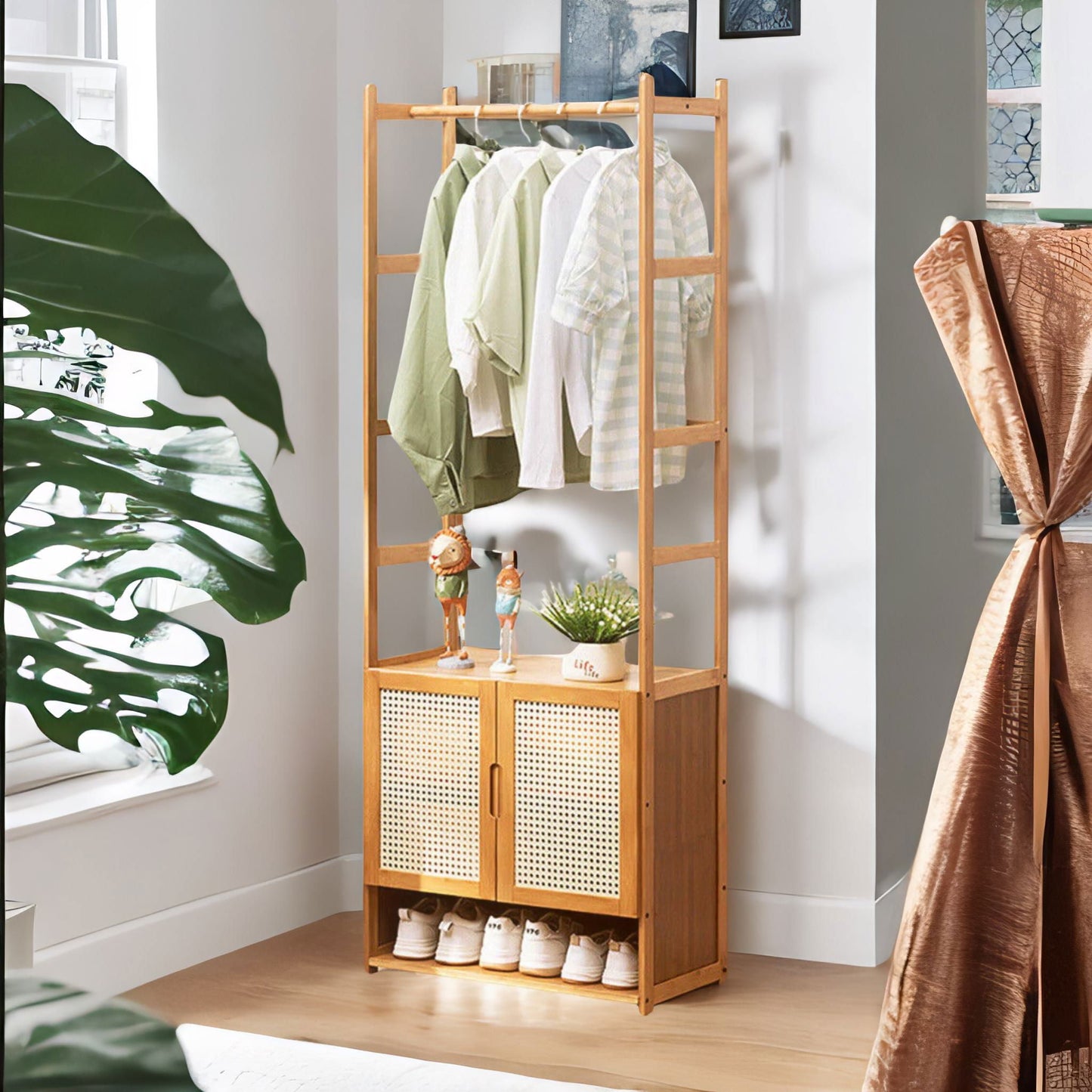 Wooden Hall Tree Coat Stand With Shoe Rack Natural Brown
