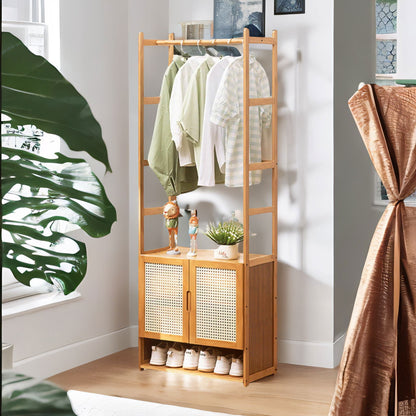 Wooden Hall Tree Coat Stand With Shoe Rack Natural Brown