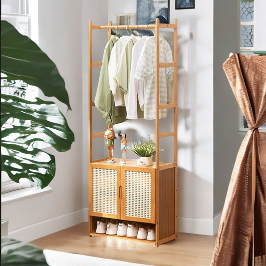 Wooden Hall Tree Coat Stand With Shoe Rack Natural Brown
