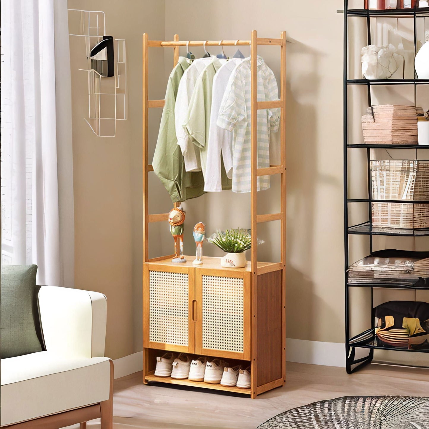 Wooden Hall Tree Coat Stand With Shoe Rack Natural Brown