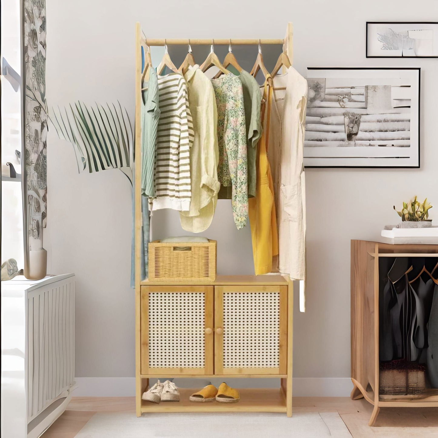 Wooden Hall Tree Coat Stand With Shoe Rack Natural Brown