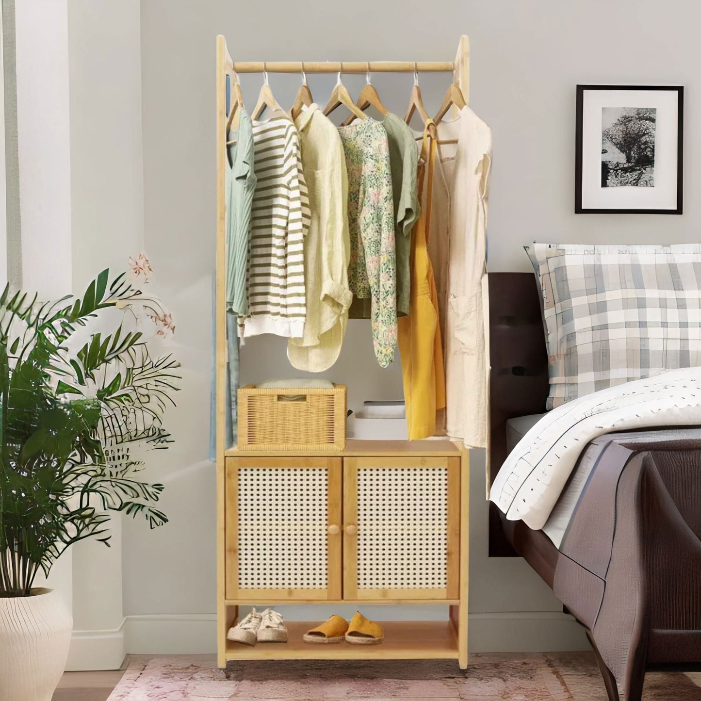 Wooden Hall Tree Coat Stand With Shoe Rack Natural Brown
