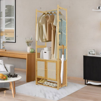 Wooden Hall Tree Coat Stand With Shoe Rack Natural Brown
