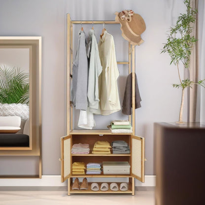 Wooden Hall Tree Coat Stand With Shoe Rack Natural Brown