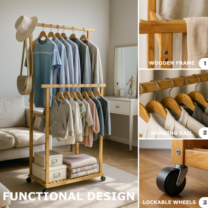 Portable Wooden Clothes Rack Open Wardrobe with Shoe Storage