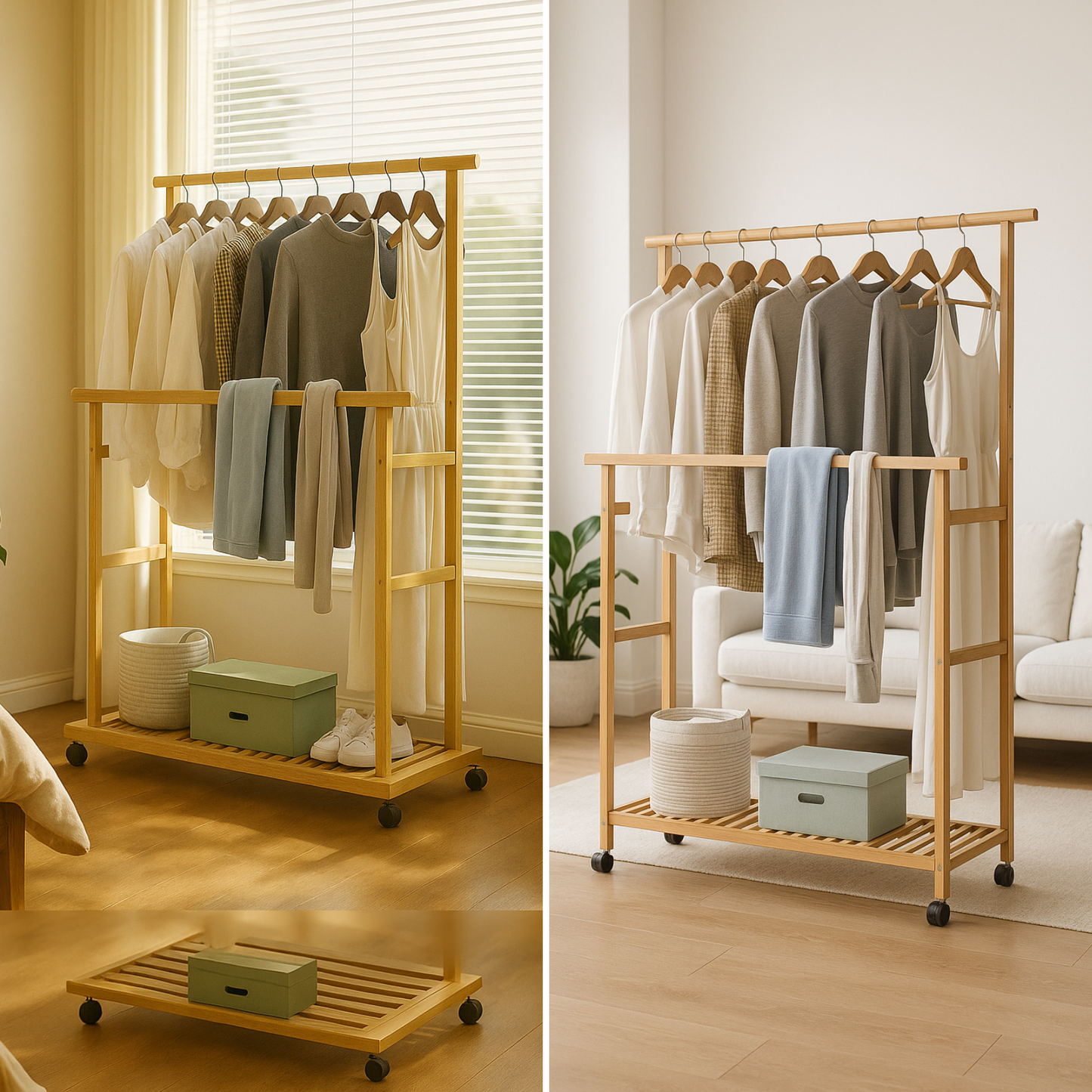 Portable Wooden Clothes Rack Open Wardrobe with Shoe Storage