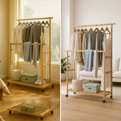 Portable Wooden Clothes Rack Open Wardrobe with Shoe Storage