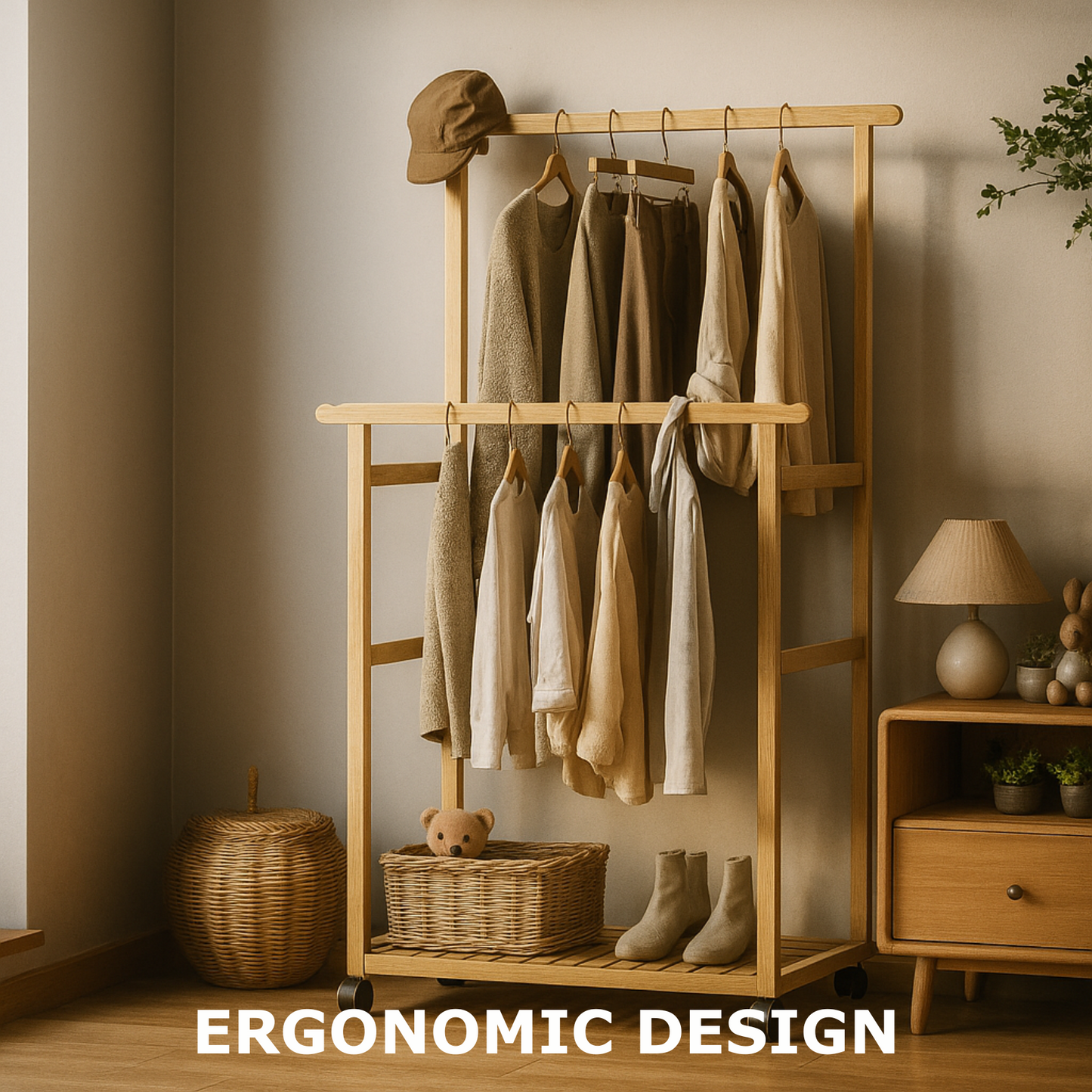 Portable Wooden Clothes Rack Open Wardrobe with Shoe Storage