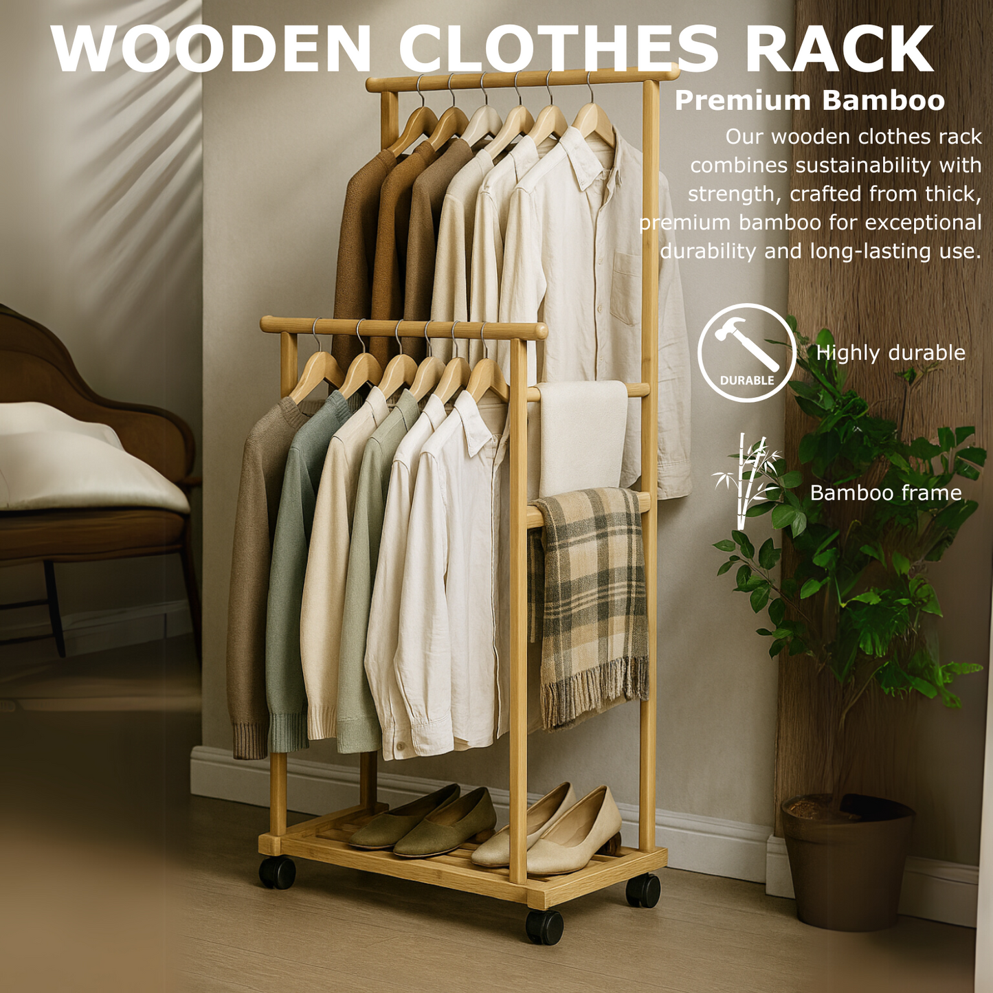 Portable Wooden Clothes Rack Open Wardrobe with Shoe Storage