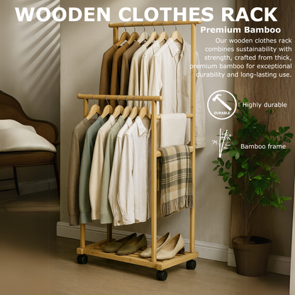 Portable Wooden Clothes Rack Open Wardrobe with Shoe Storage