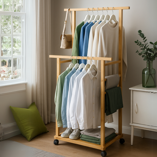 Portable Wooden Clothes Rack Open Wardrobe with Shoe Storage