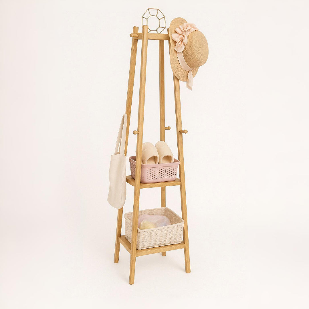 Wooden Coat Rack Stand With 3 Shelves