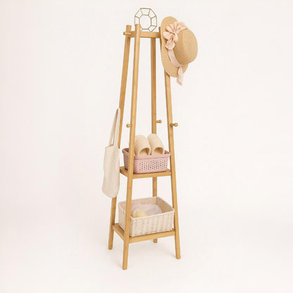 Wooden Coat Rack Stand With 3 Shelves