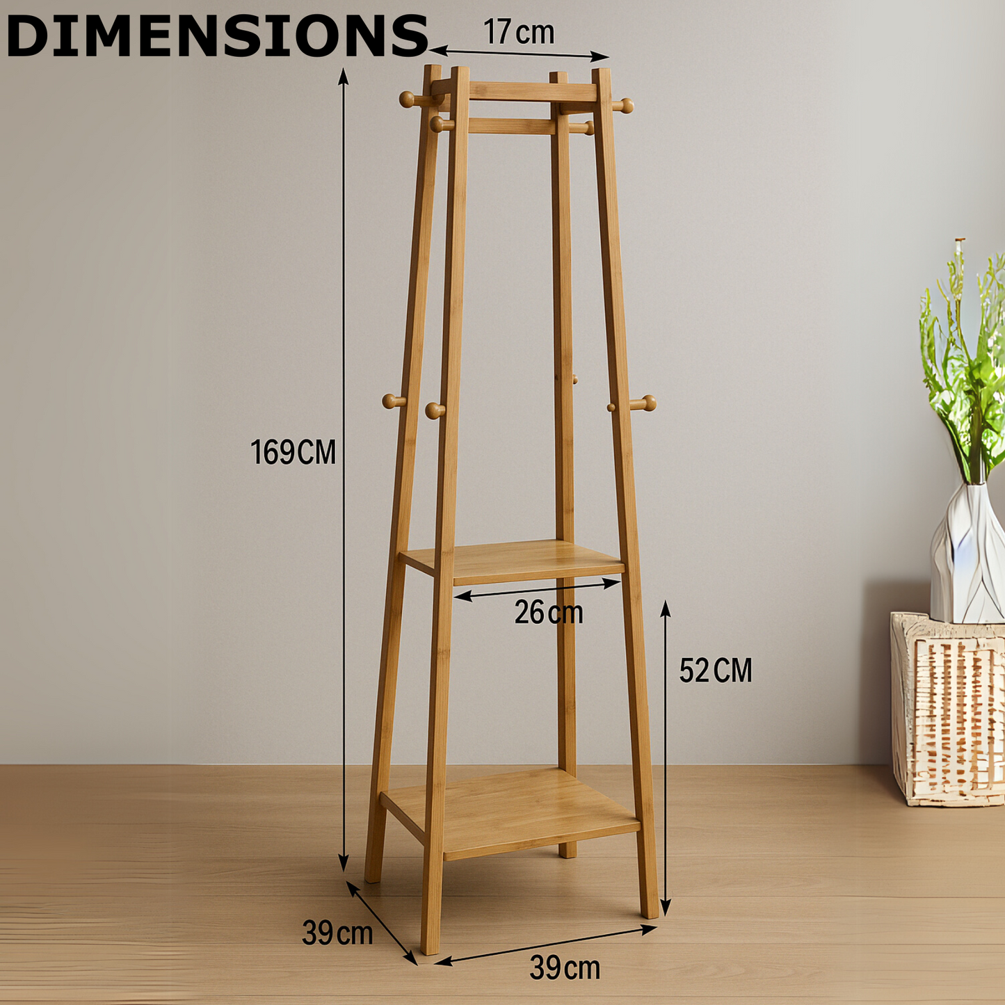 Wooden Coat Rack Stand With 3 Shelves