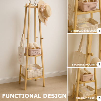 Wooden Coat Rack Stand With 3 Shelves