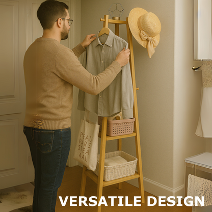 Wooden Coat Rack Stand With 3 Shelves