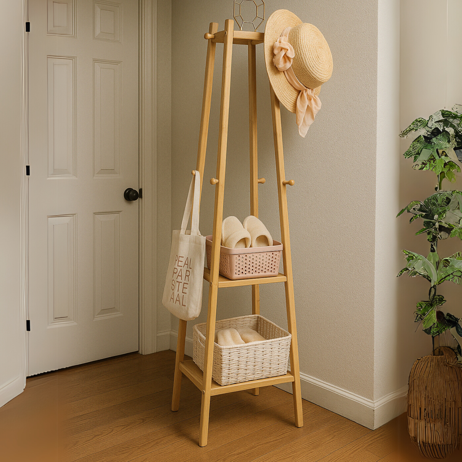 Wooden Coat Rack Stand With 3 Shelves