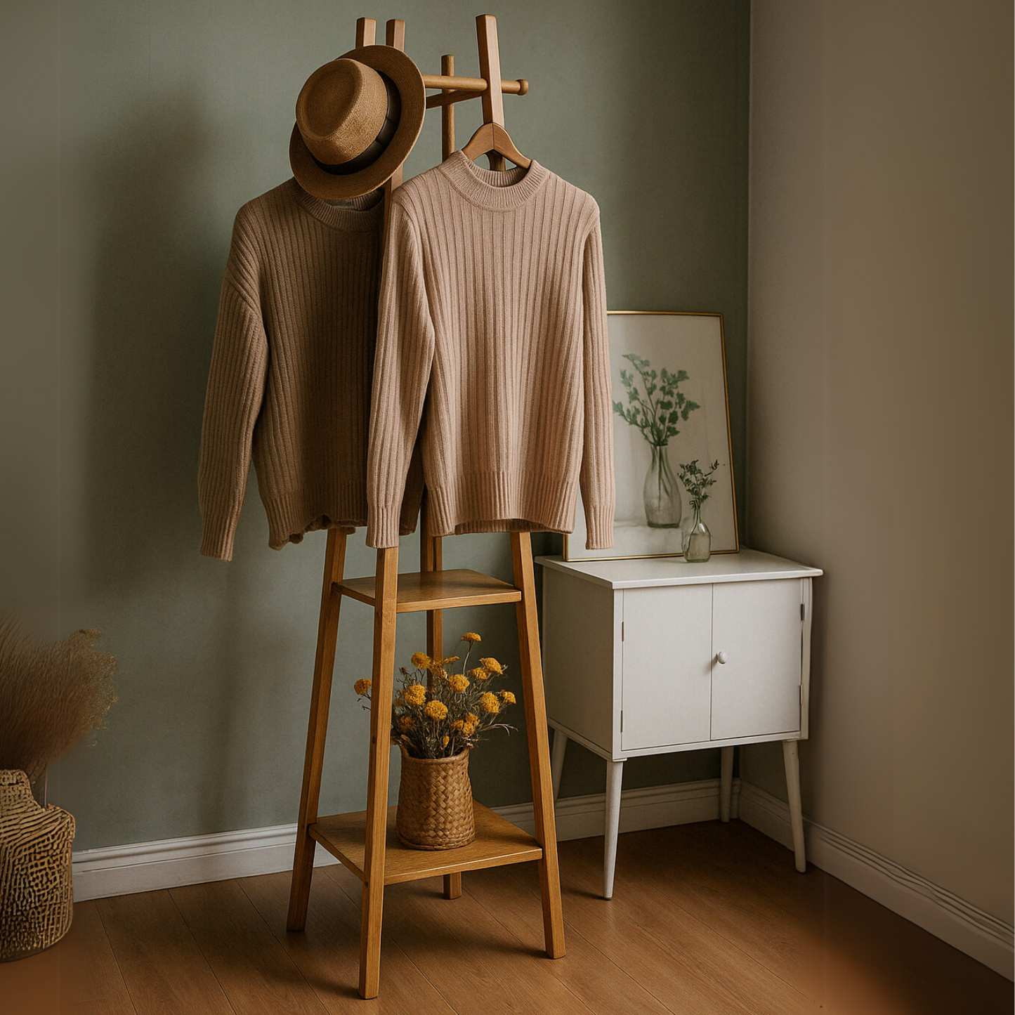 Wooden Coat Rack Stand With 3 Shelves