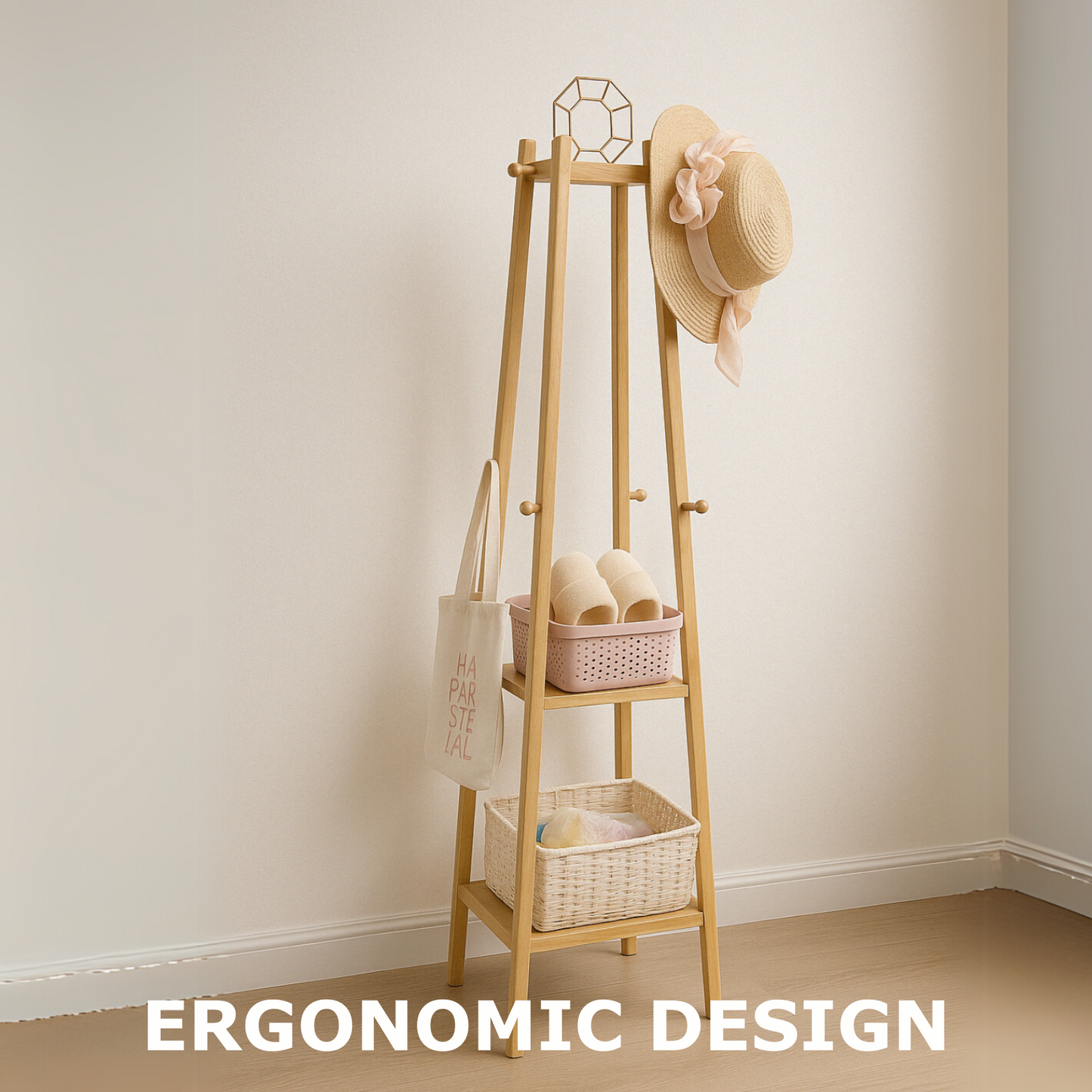 Wooden Coat Rack Stand With 3 Shelves