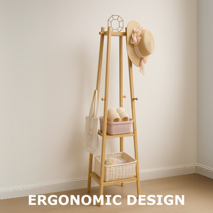 Wooden Coat Rack Stand With 3 Shelves
