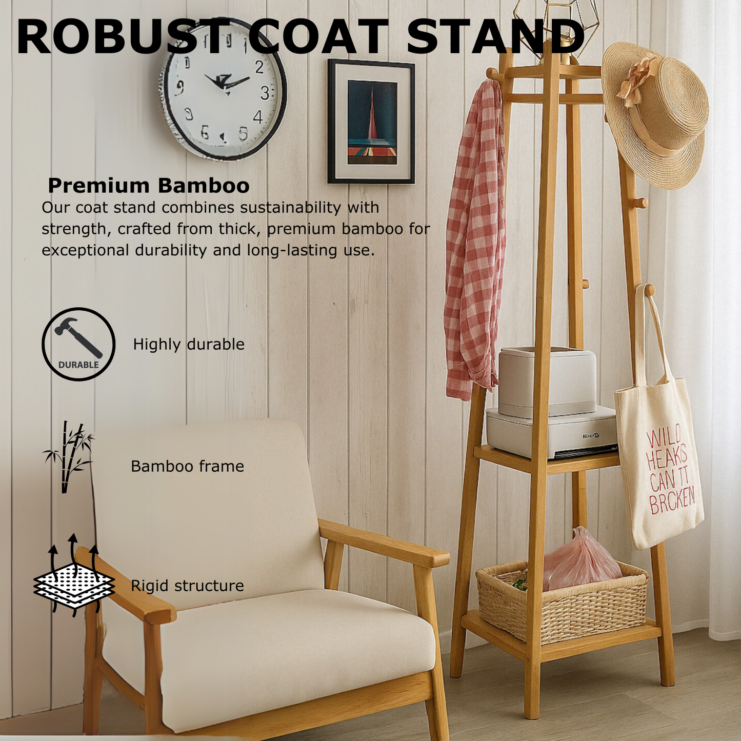 Wooden Coat Rack Stand With 3 Shelves