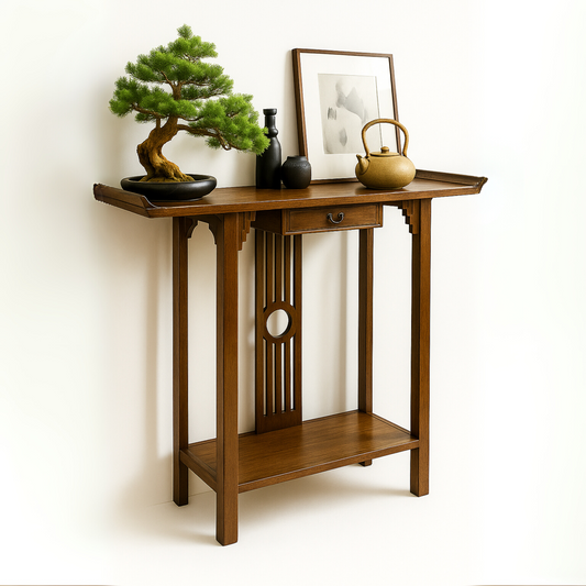 Bamboo Slim Console Table With Shelf And Drawer