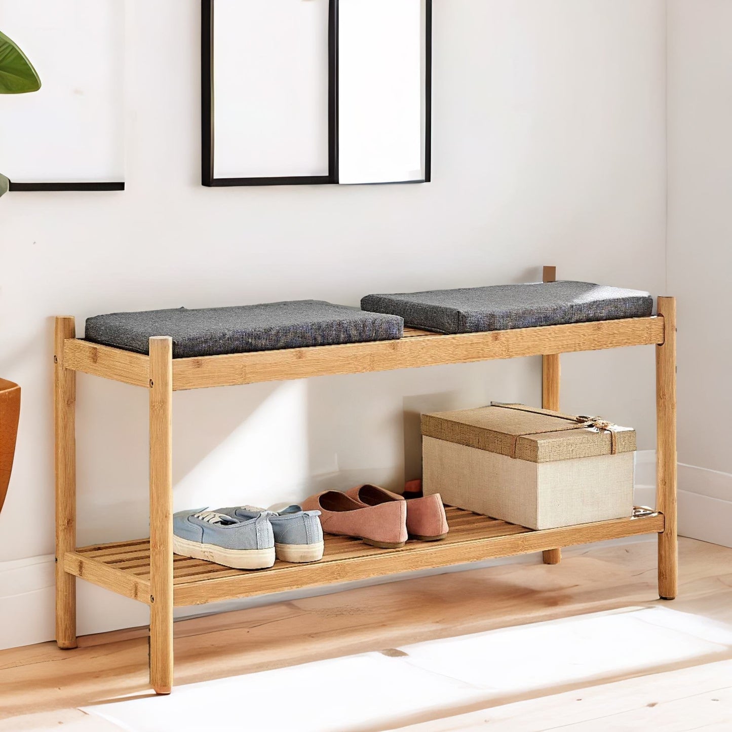 Wooden Shoe Storage Bench With 2 Cushioned Seat