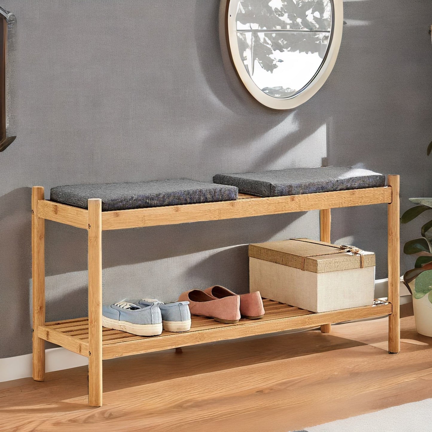 Wooden Shoe Storage Bench With 2 Cushioned Seat