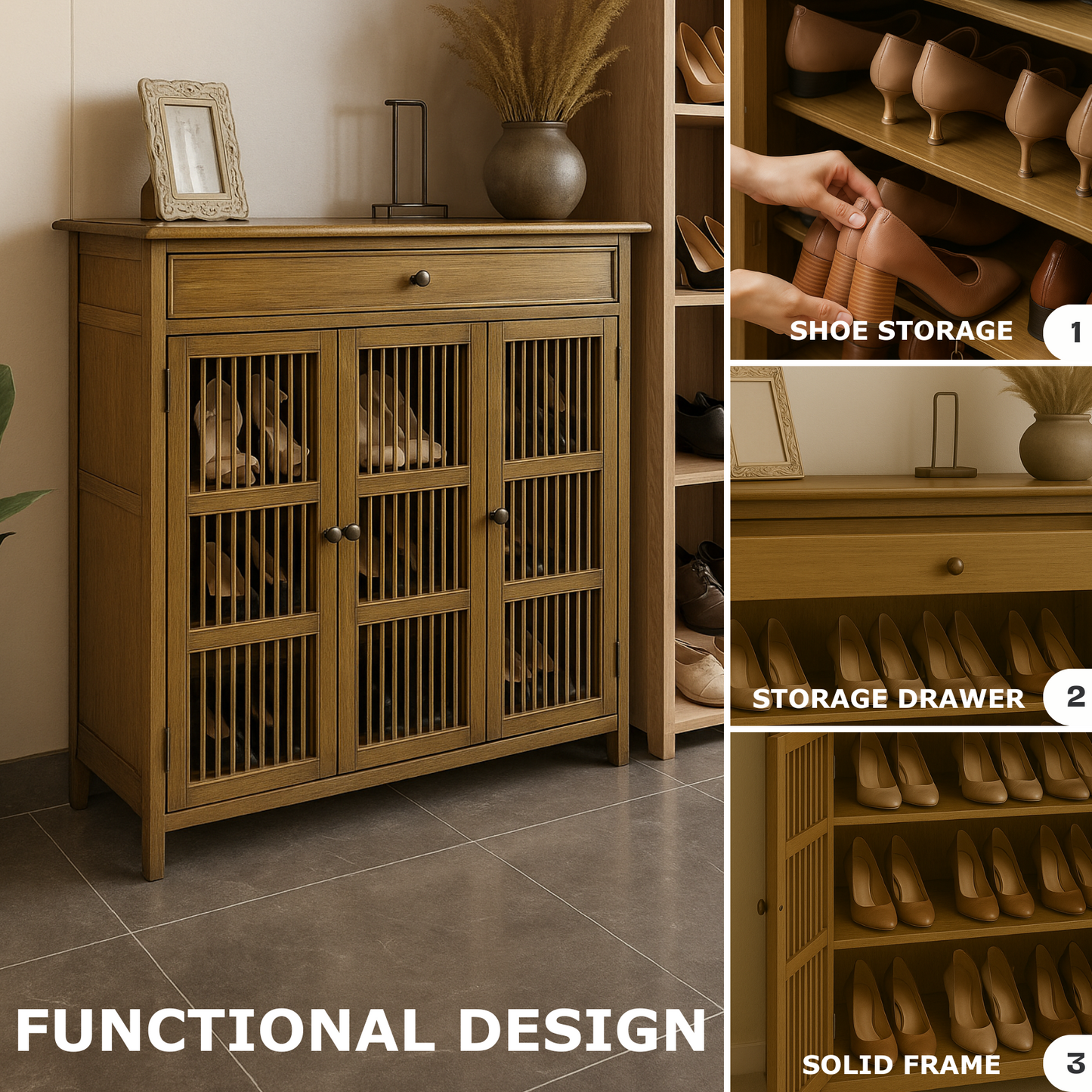 Large 4 Tier Wooden Shoe Storage Cabinet Organiser Brown