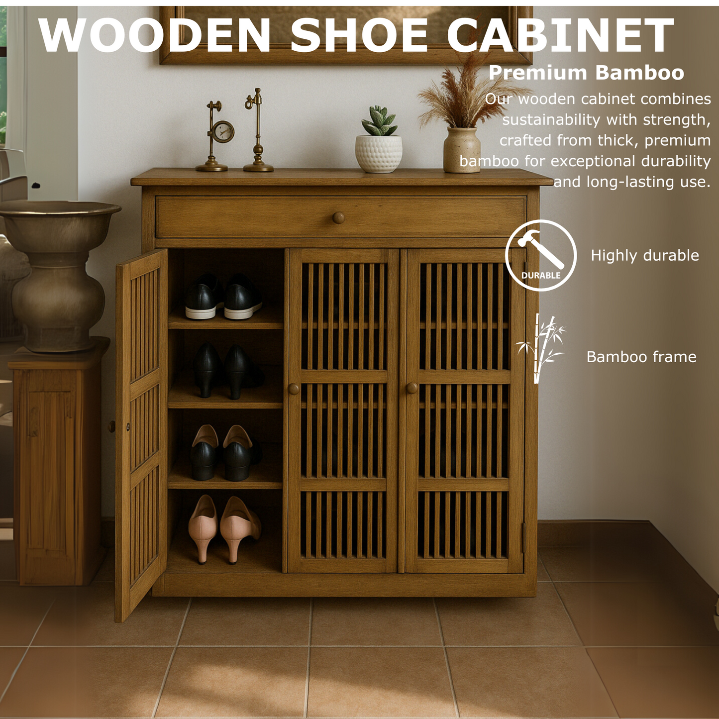 Large 4 Tier Wooden Shoe Storage Cabinet Organiser Brown