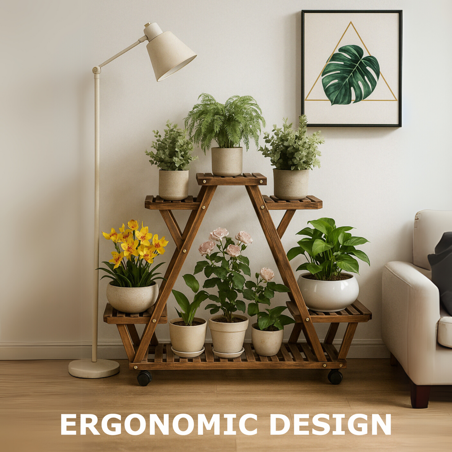 6 Tier Wooden Plant Stand With Lockable Wheels