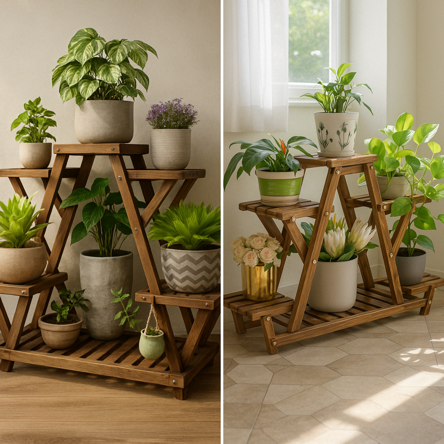 6 Tier Wooden Plant Stand With Lockable Wheels