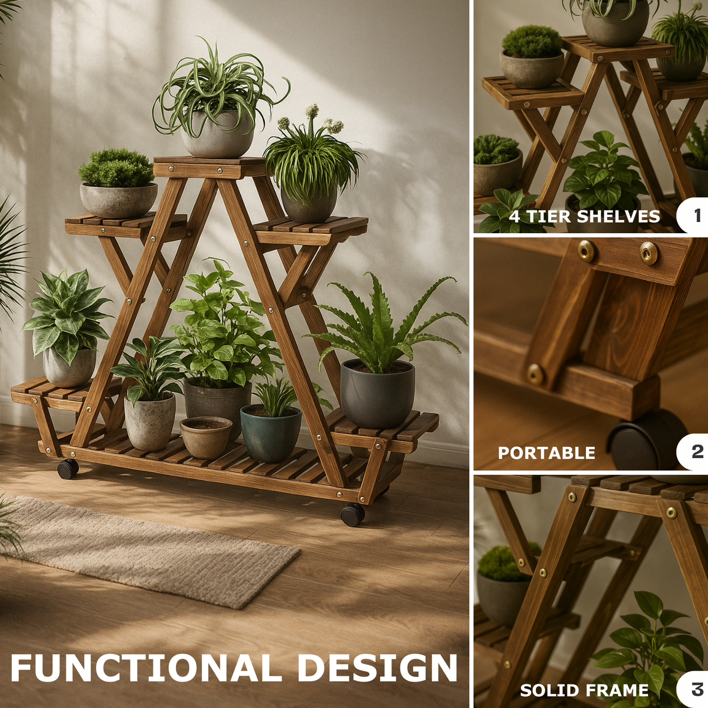 6 Tier Wooden Plant Stand With Lockable Wheels