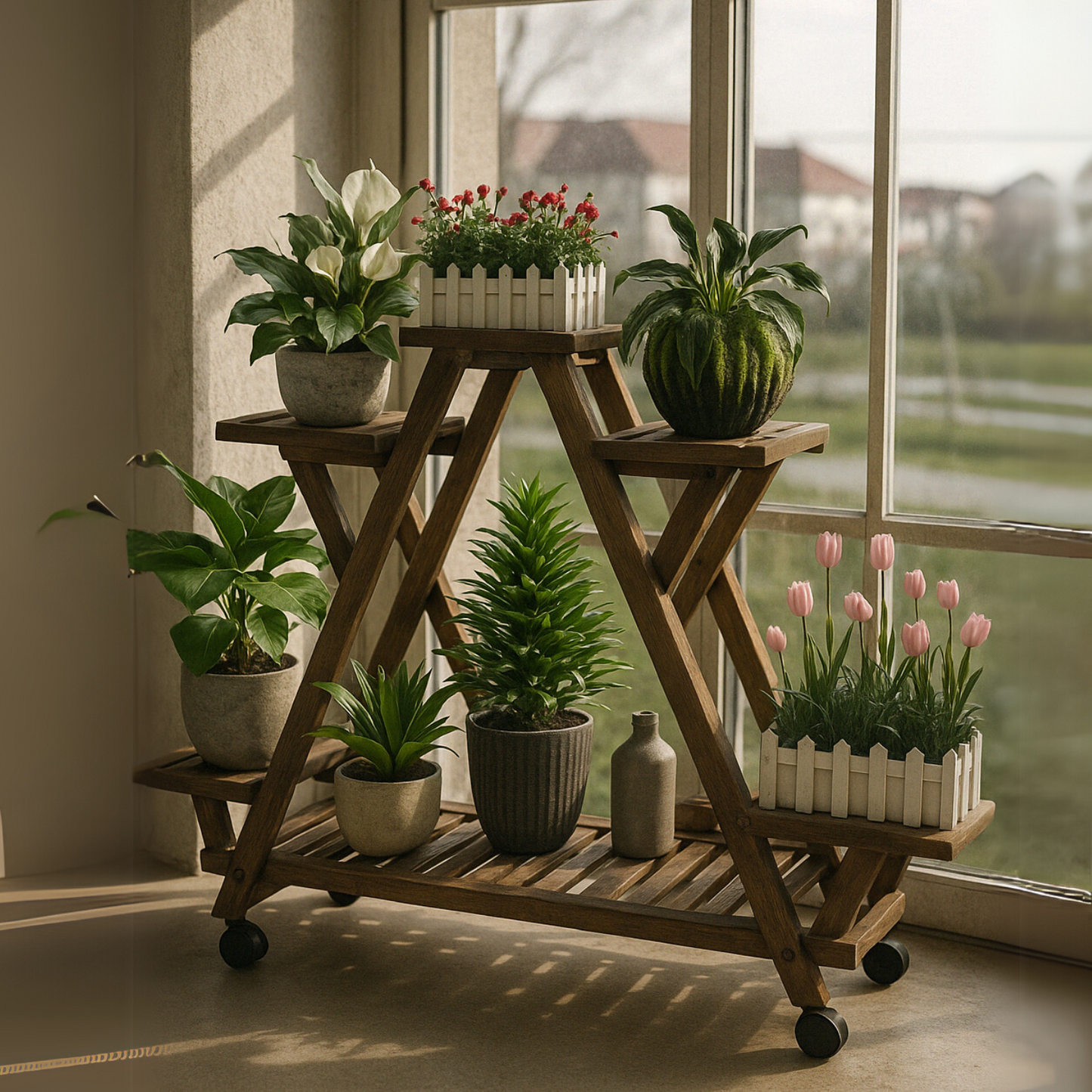 6 Tier Wooden Plant Stand With Lockable Wheels