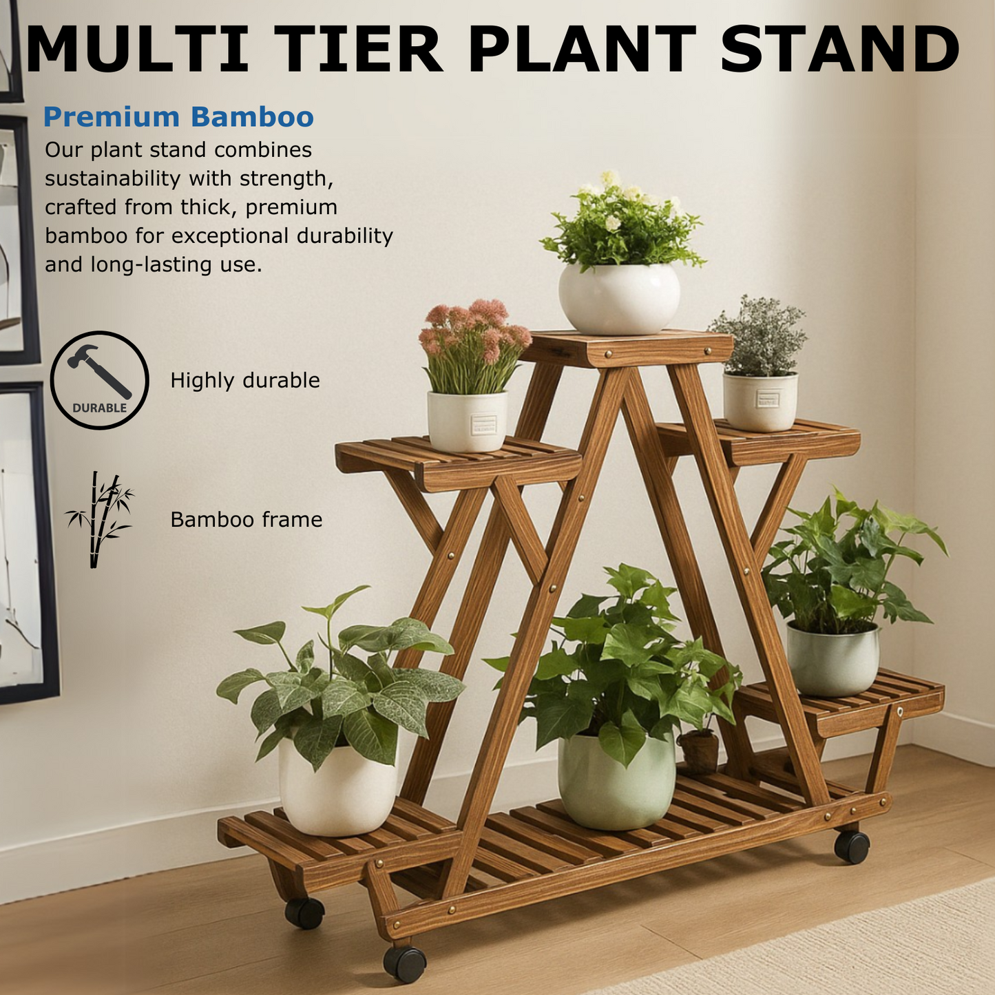 6 Tier Wooden Plant Stand With Lockable Wheels
