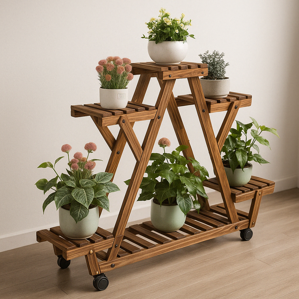 6 Tier Wooden Plant Stand With Lockable Wheels