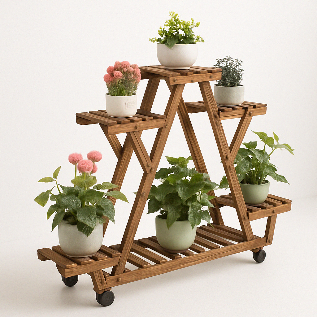 6 Tier Wooden Plant Stand With Lockable Wheels