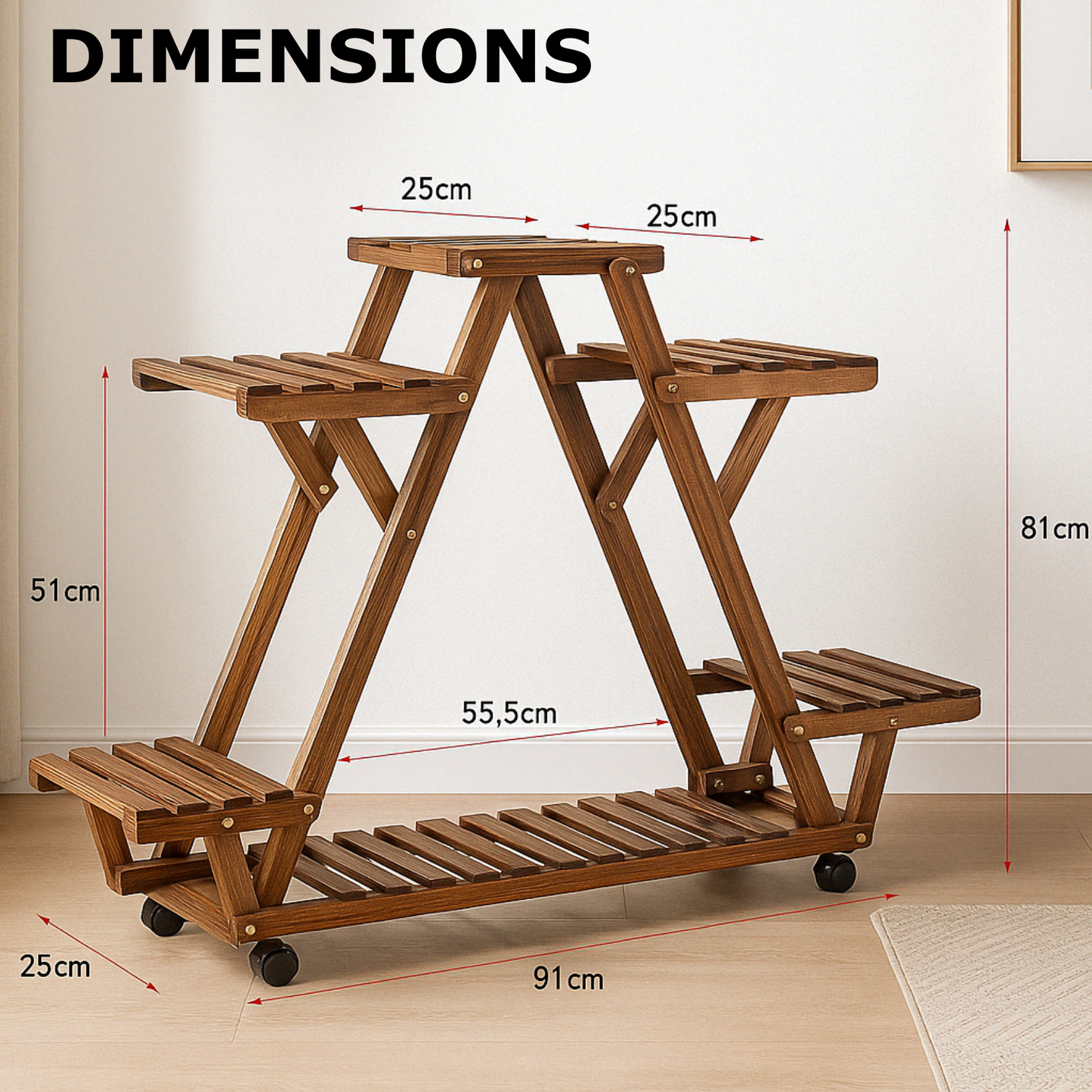 6 Tier Wooden Plant Stand With Lockable Wheels