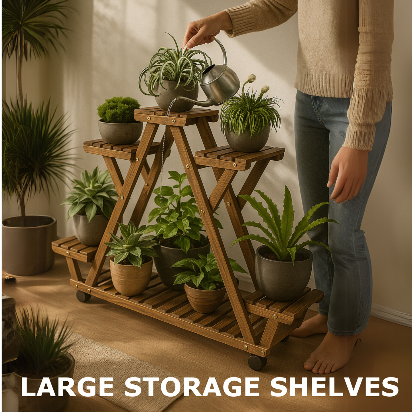 6 Tier Wooden Plant Stand With Lockable Wheels