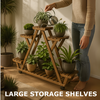 6 Tier Wooden Plant Stand With Lockable Wheels