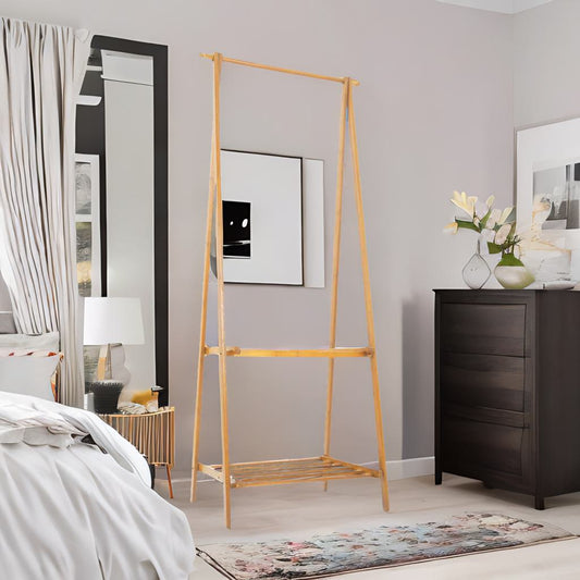 Wooden Natural Brown Open Clothes Rack With Shelf Natural Brown