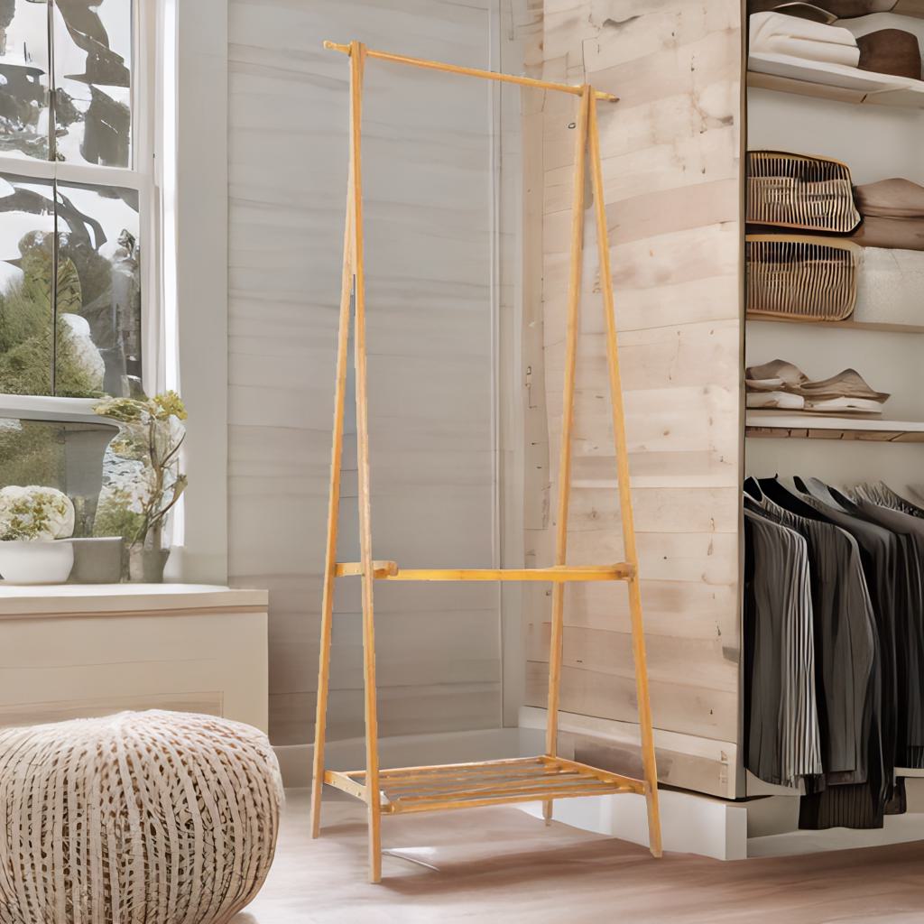 Wooden Natural Brown Open Clothes Rack With Shelf Natural Brown