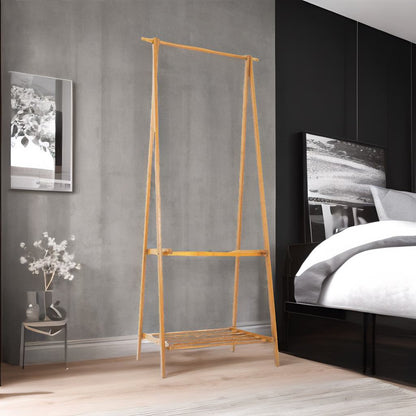 Wooden Natural Brown Open Clothes Rack With Shelf Natural Brown