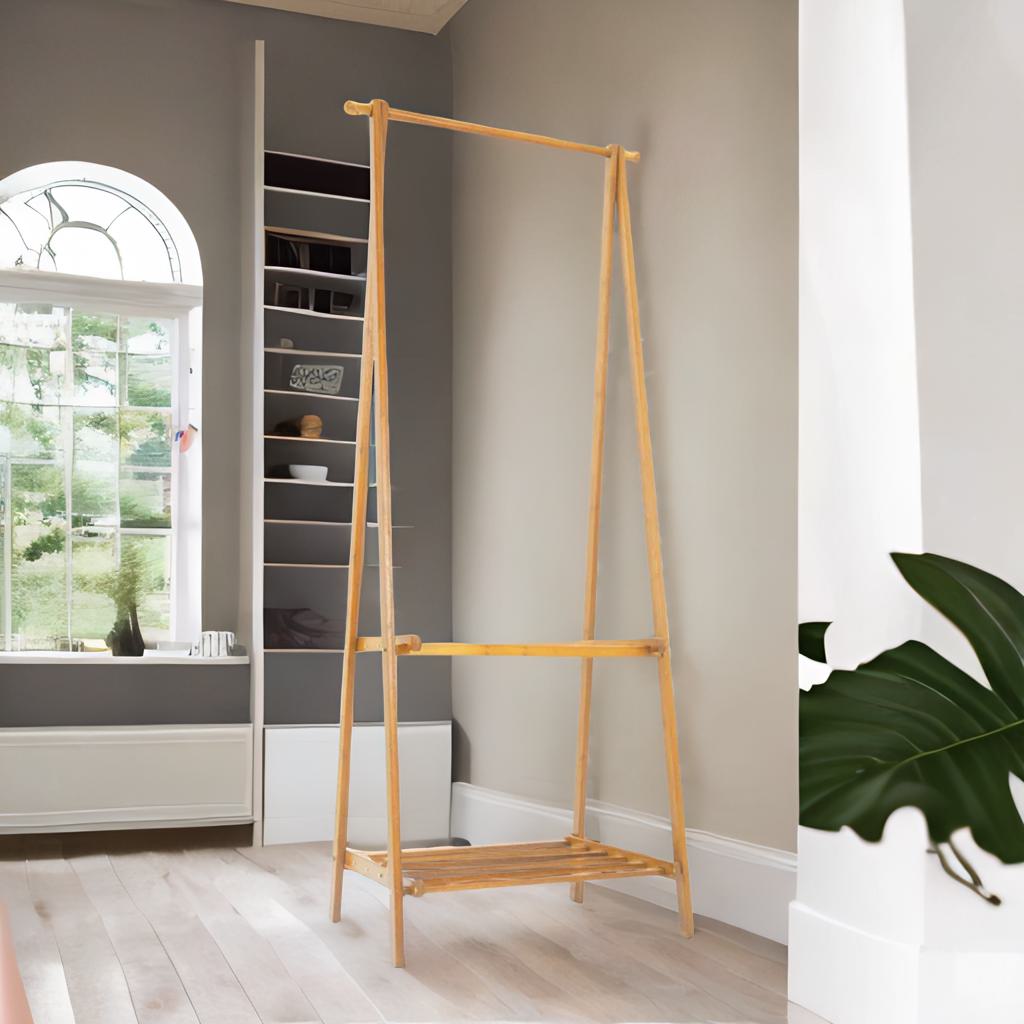 Wooden Natural Brown Open Clothes Rack With Shelf Natural Brown