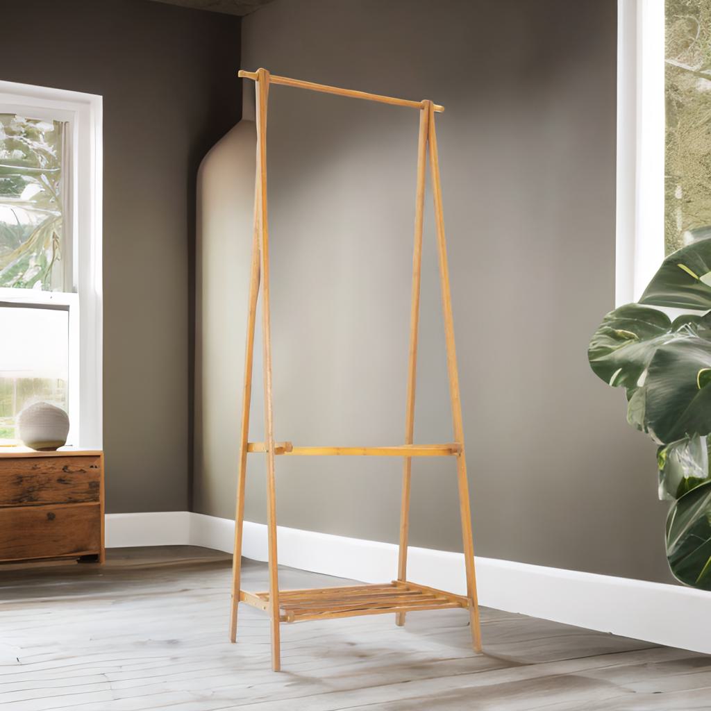 Wooden Natural Brown Open Clothes Rack With Shelf Natural Brown