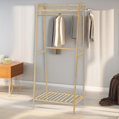 Wooden Open Wardrobe Garment Rail With Storage Shelf Natural Brown