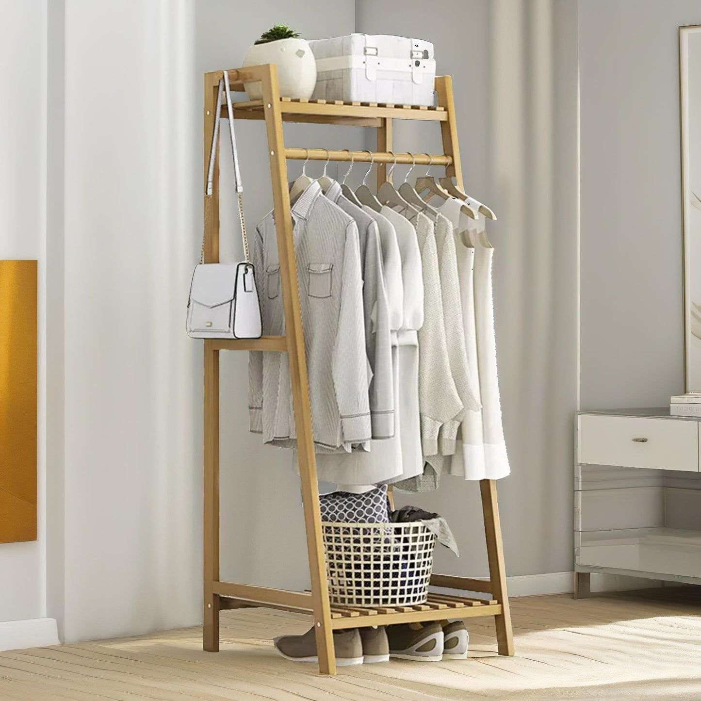 Wooden Open Wardrobe Garment Rail With Storage Shelf Natural Brown
