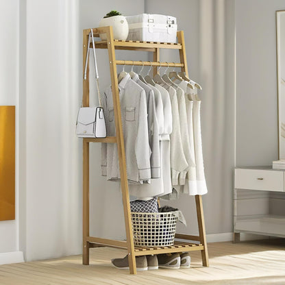 Wooden Open Wardrobe Garment Rail With Storage Shelf Natural Brown